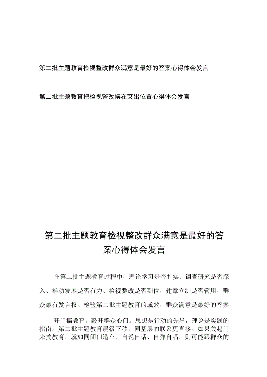 第二批主题教育检视整改群众满意是最好的答案心得体会发言、第二批主题教育把检视整改摆在突出位置心得体会发言.docx_第1页