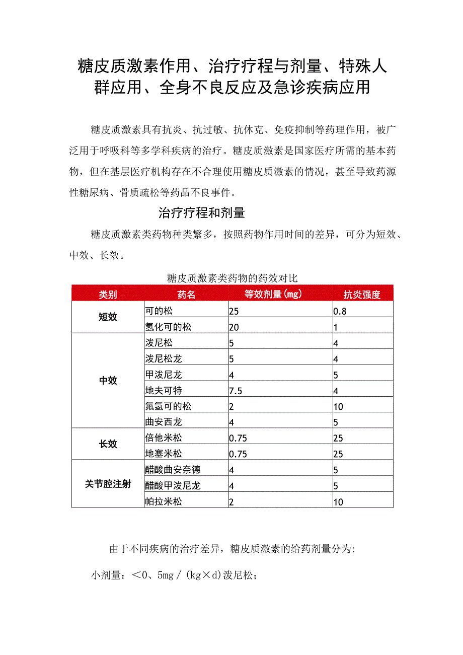 糖皮质激素作用、治疗疗程与剂量、特殊人群应用、全身不良反应及急诊疾病应用.docx_第1页