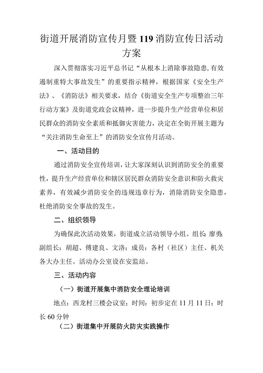 街道开展消防宣传月暨119消防宣传日活动方案.docx_第1页