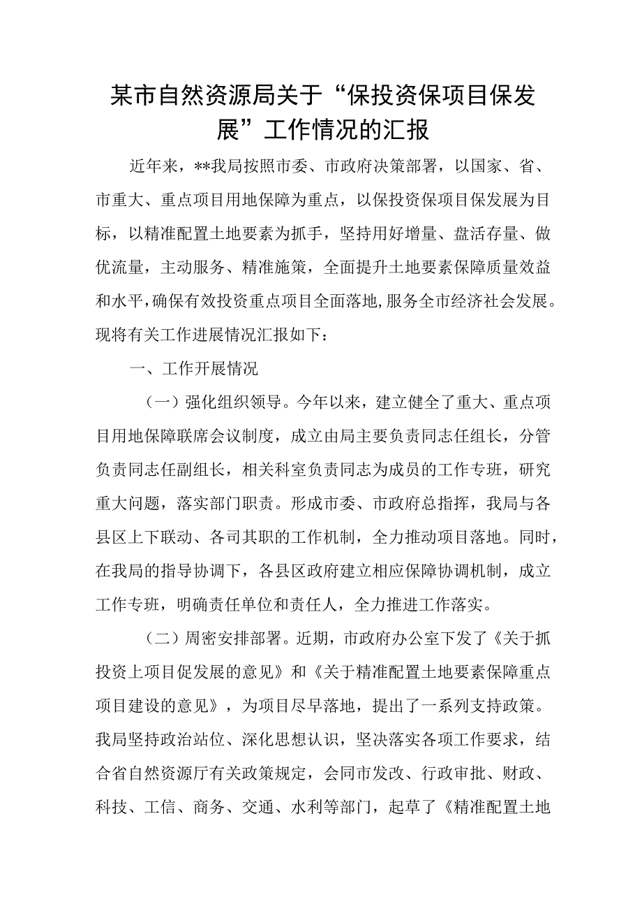 某市自然资源局关于“保投资保项目保发展”工作情况的汇报.docx_第1页