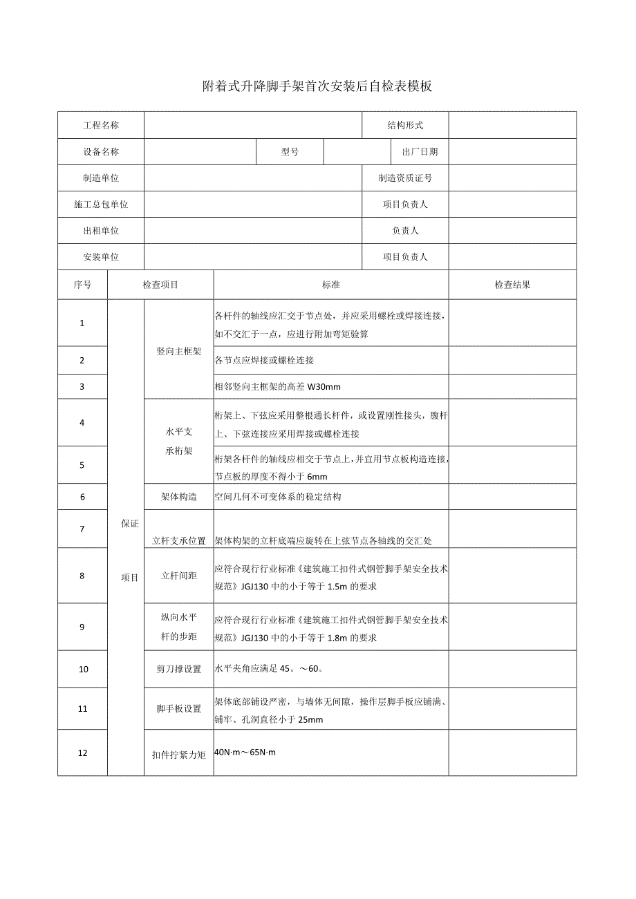 附着式升降脚手架首次安装后自检表模板.docx_第1页