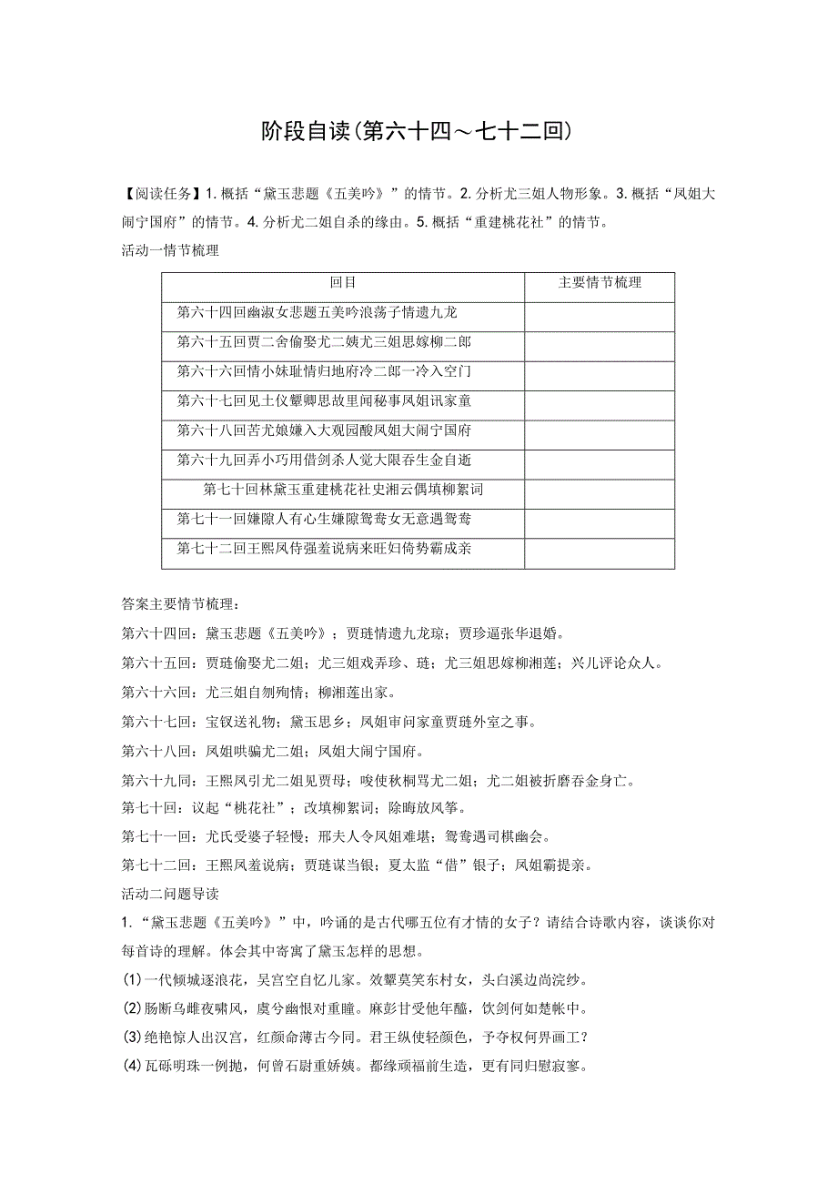 红楼梦》整本书阅读--第二章 阶段自读(第六十四～七十二回).docx_第1页