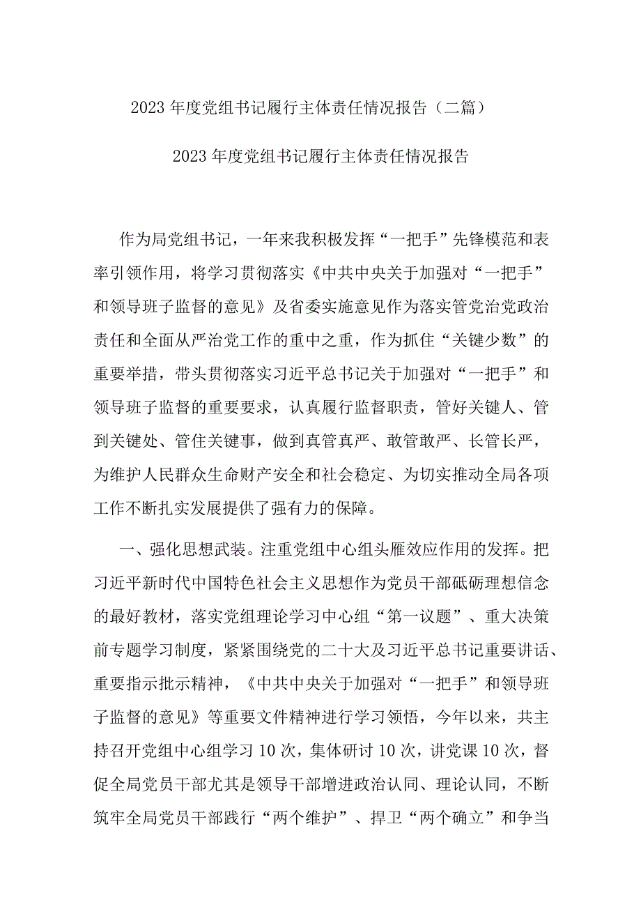 2023年度党组书记履行主体责任情况报告(二篇).docx_第1页