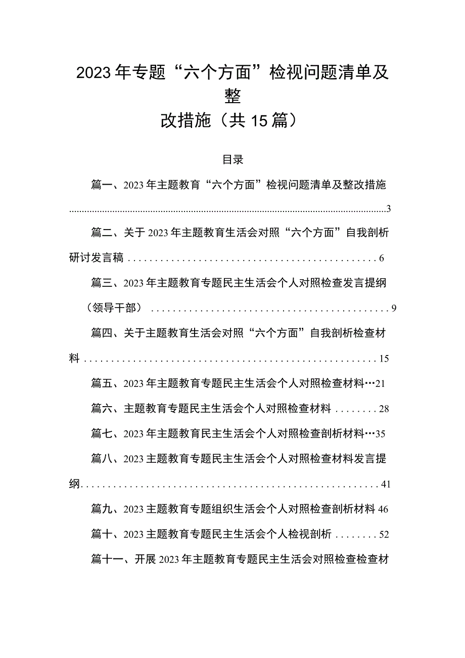 2023年专题“六个方面”检视问题清单及整改措施（共15篇）.docx_第1页