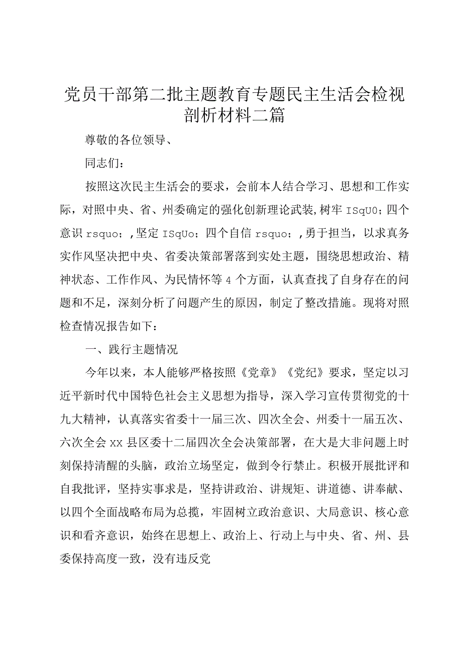 党员干部第二批主题教育专题民主生活会检视剖析材料二篇.docx_第1页