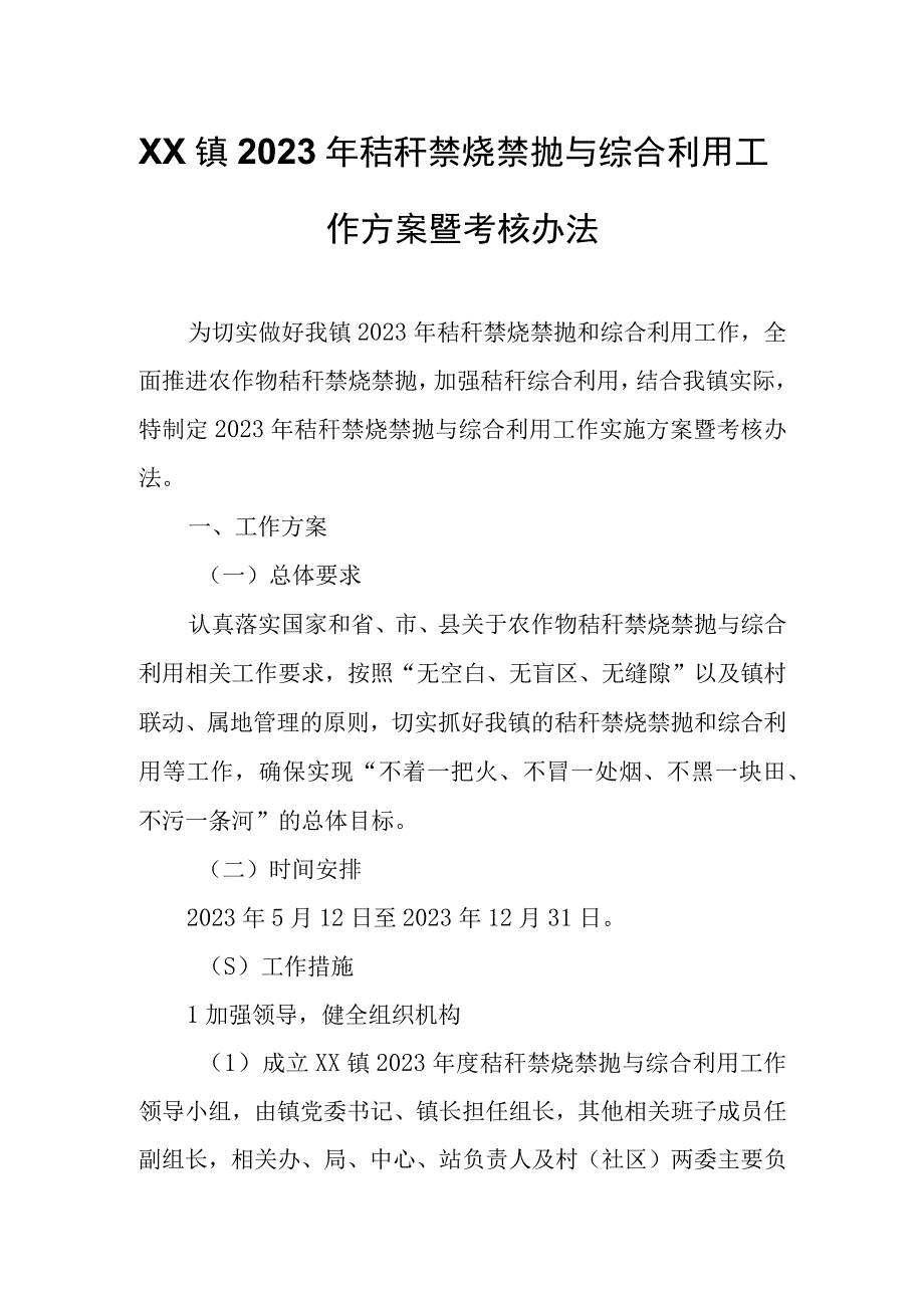 XX镇2023年秸秆禁烧禁抛与综合利用工作方案暨考核办法.docx_第1页