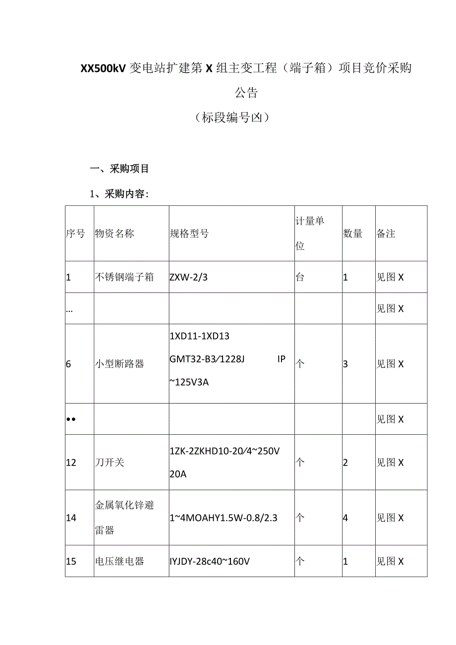 XX500kV变电站扩建第X组主变工程(端子箱）项目竞价采购公告（2023年）.docx_第1页