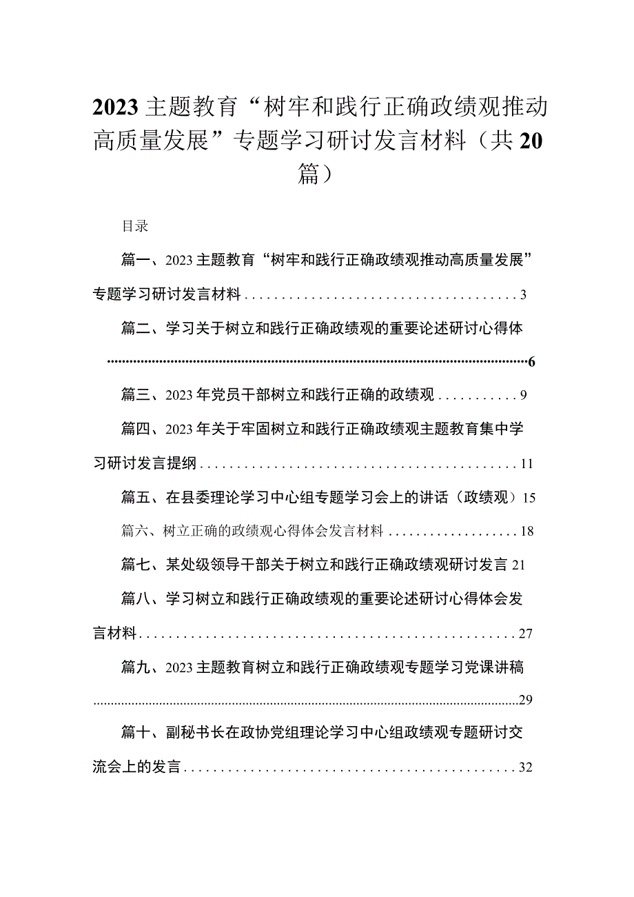 专题“树牢和践行正确政绩观推动高质量发展”专题学习研讨发言材料20篇供参考.docx_第1页