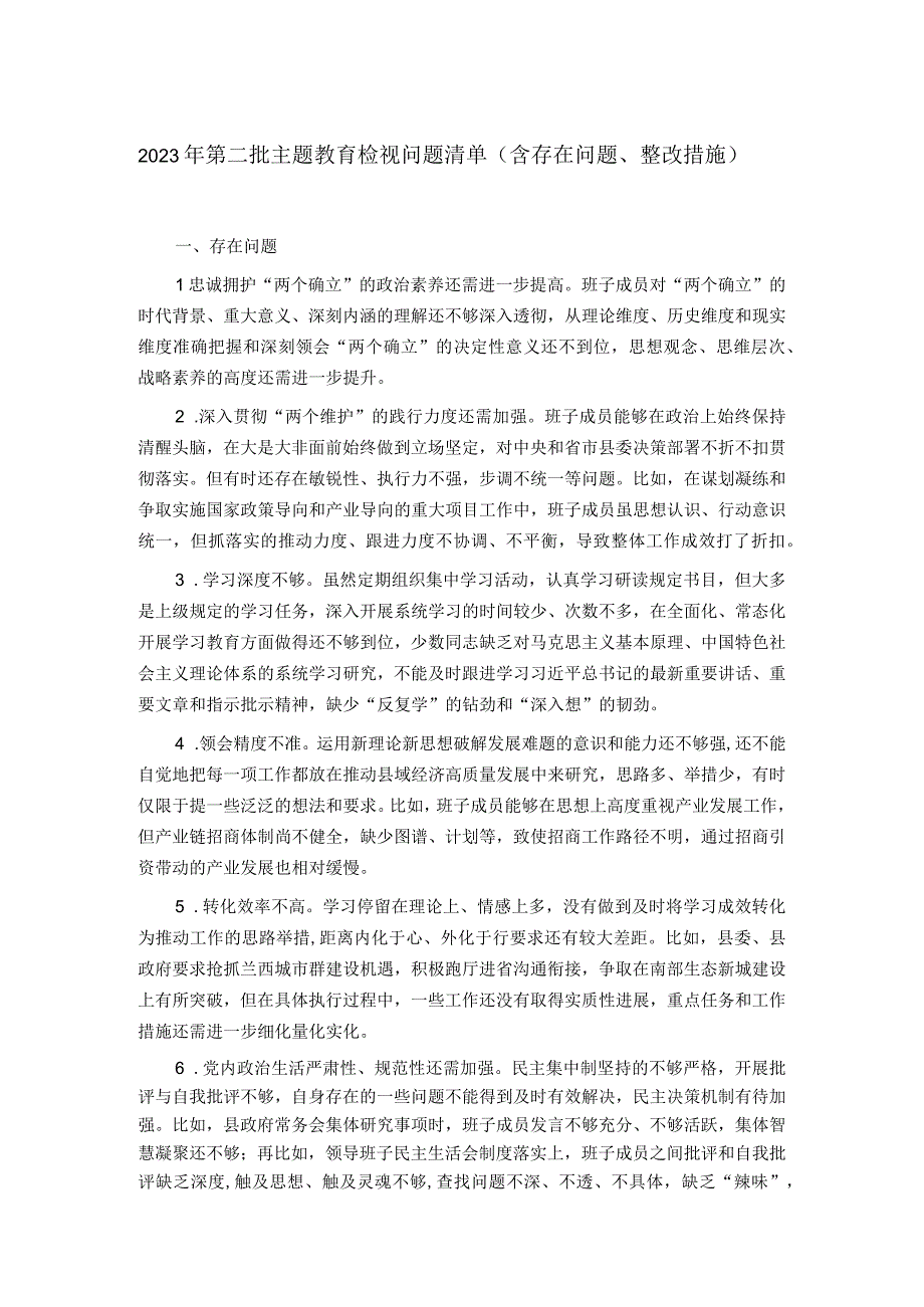 2023年第二批主题教育检视问题清单（含存在问题、整改措施）.docx_第1页