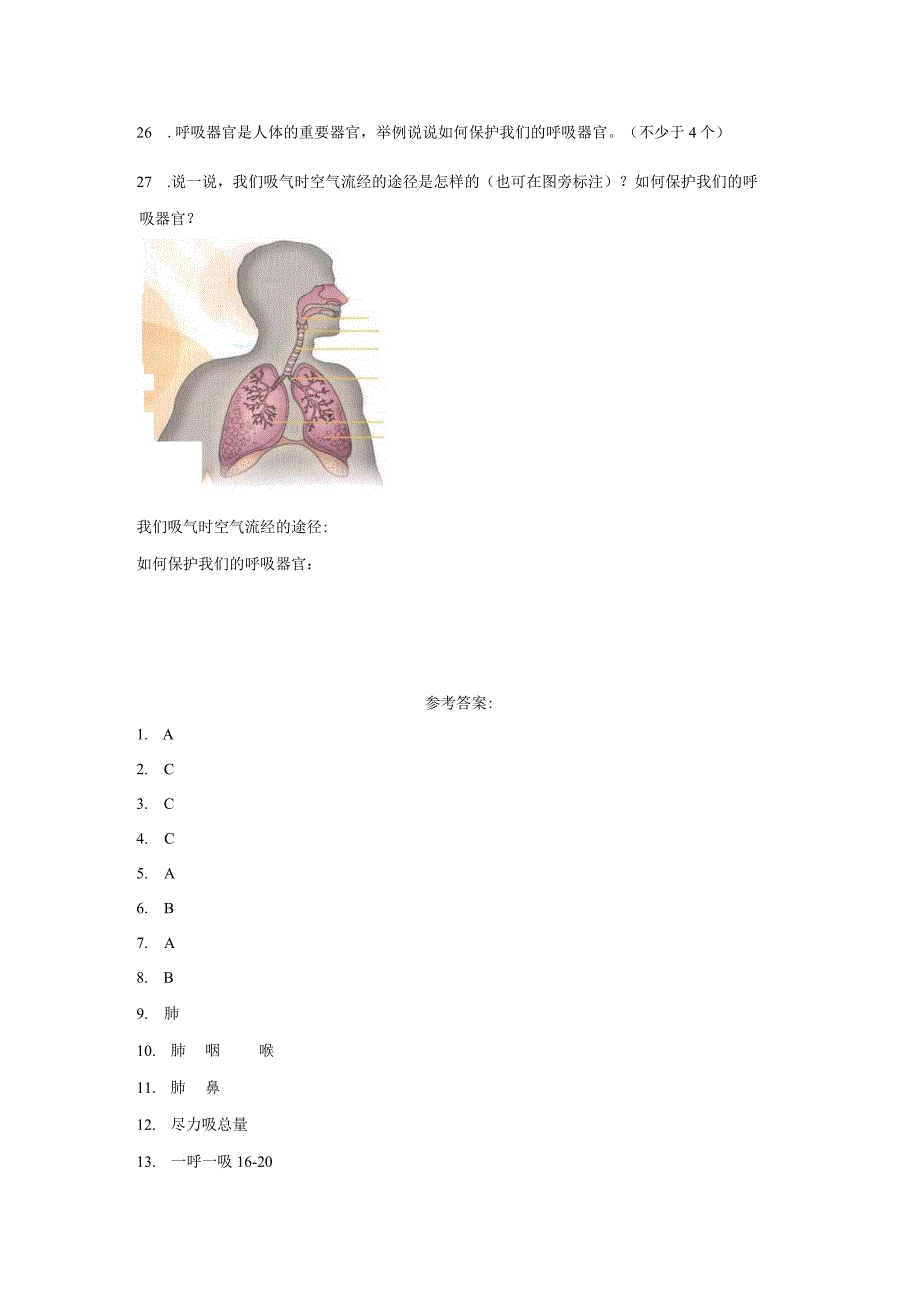 人教鄂教版三年级上册科学第四单元我们的呼吸综合训练（含答案）.docx_第3页