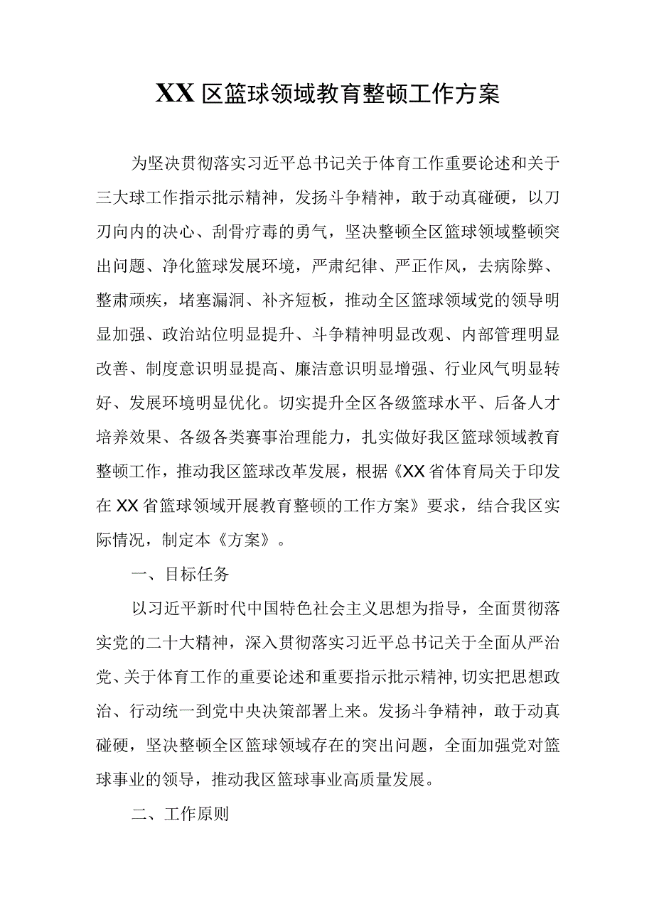 XX区篮球领域教育整顿工作方案.docx_第1页