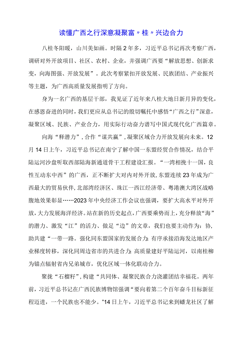 2024年专题发言稿：读懂广西之行深意 凝聚富“桂”兴边合力.docx_第1页