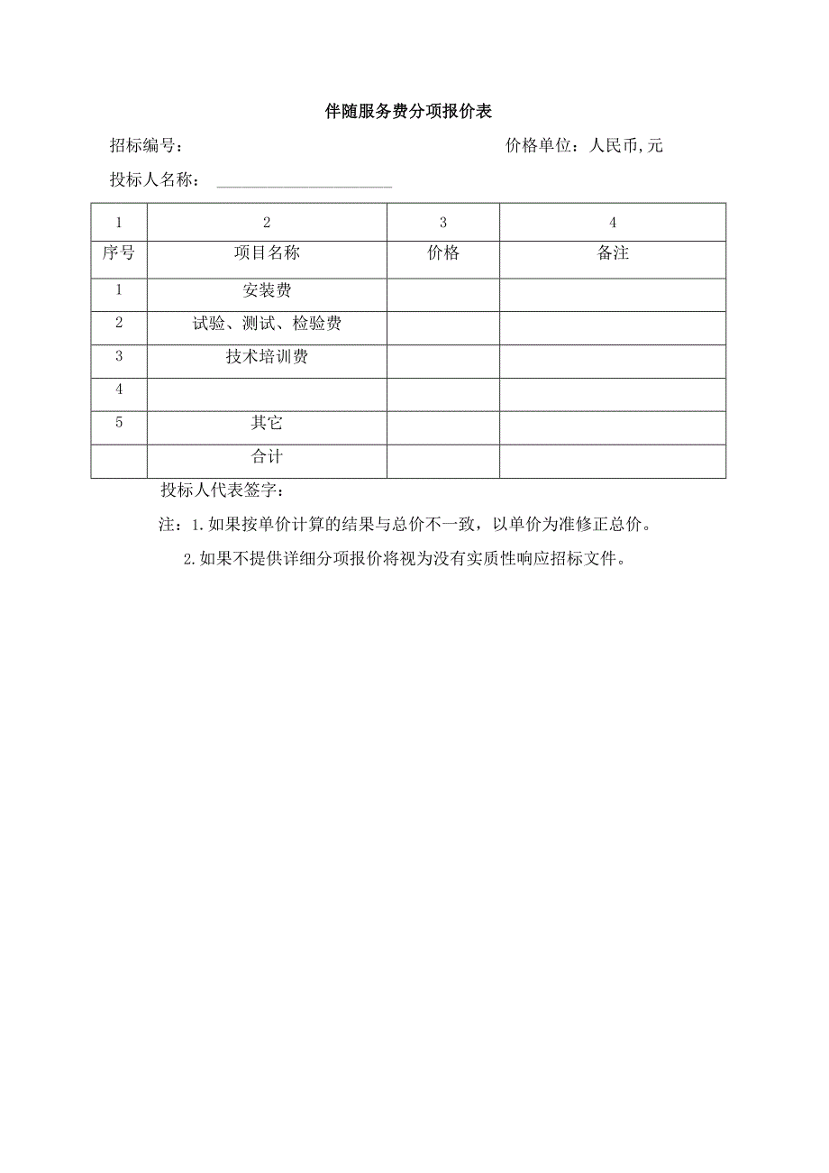 伴随服务费分项报价表（2023年）.docx_第1页