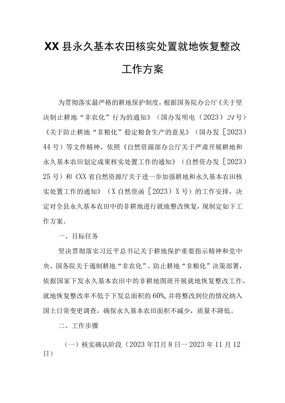 XX县永久基本农田核实处置就地恢复整改工作方案.docx_第1页