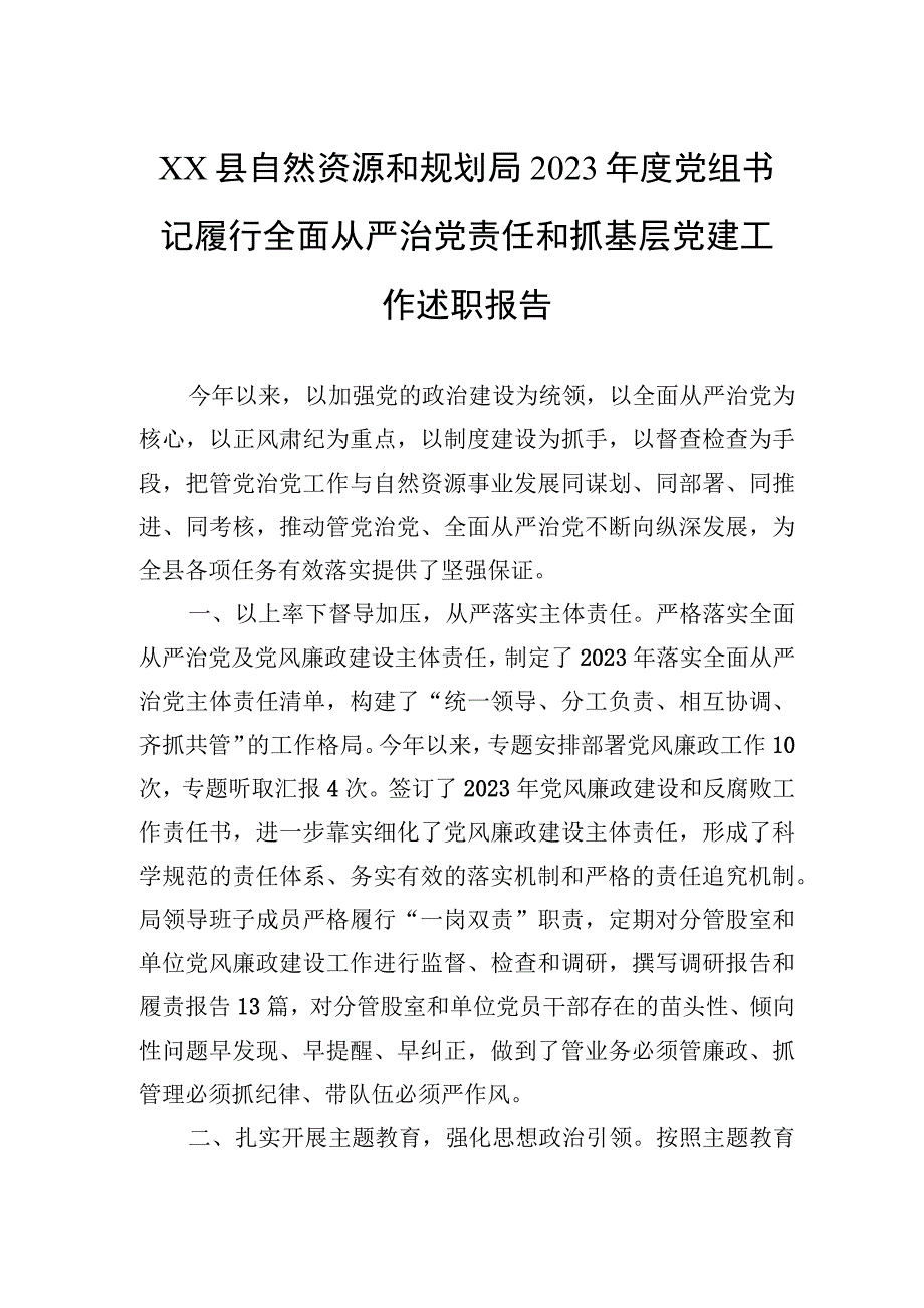 县自然资源和规划局2023年度党组书记履行全面从严治党责任和抓基层党建工作述职报告.docx_第1页