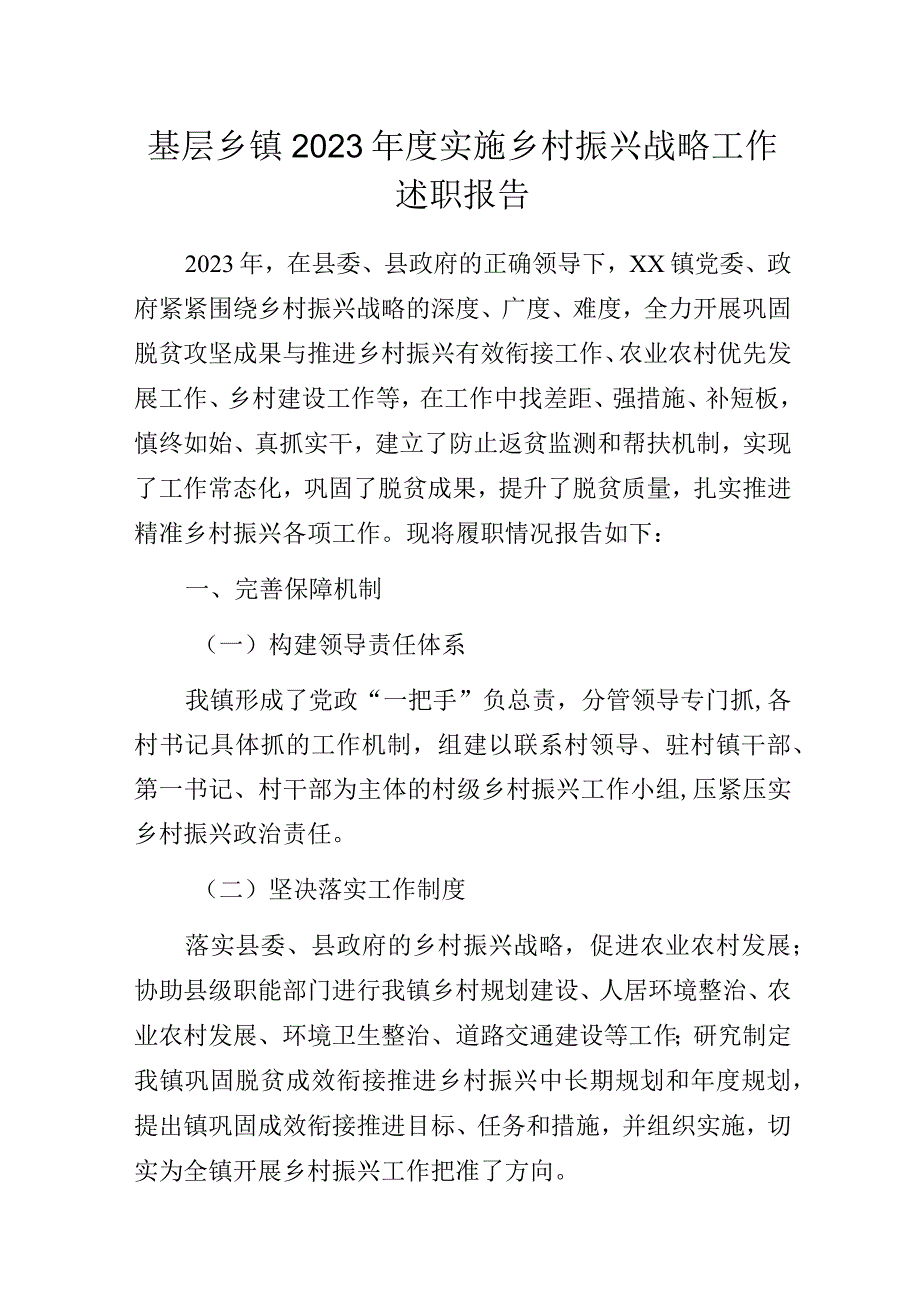 基层乡镇2023年度实施乡村振兴战略工作述职报告.docx_第1页