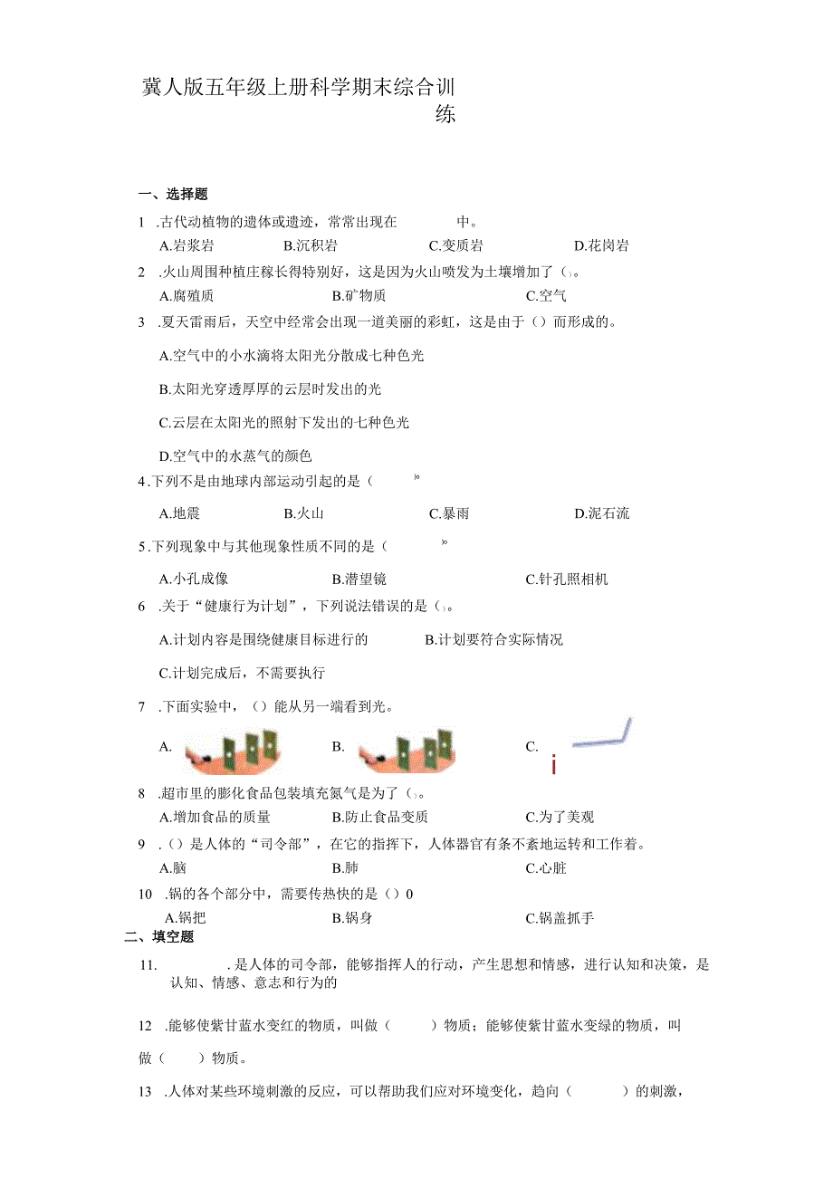 冀人版五年级上册科学期末综合训练（含答案）.docx_第1页