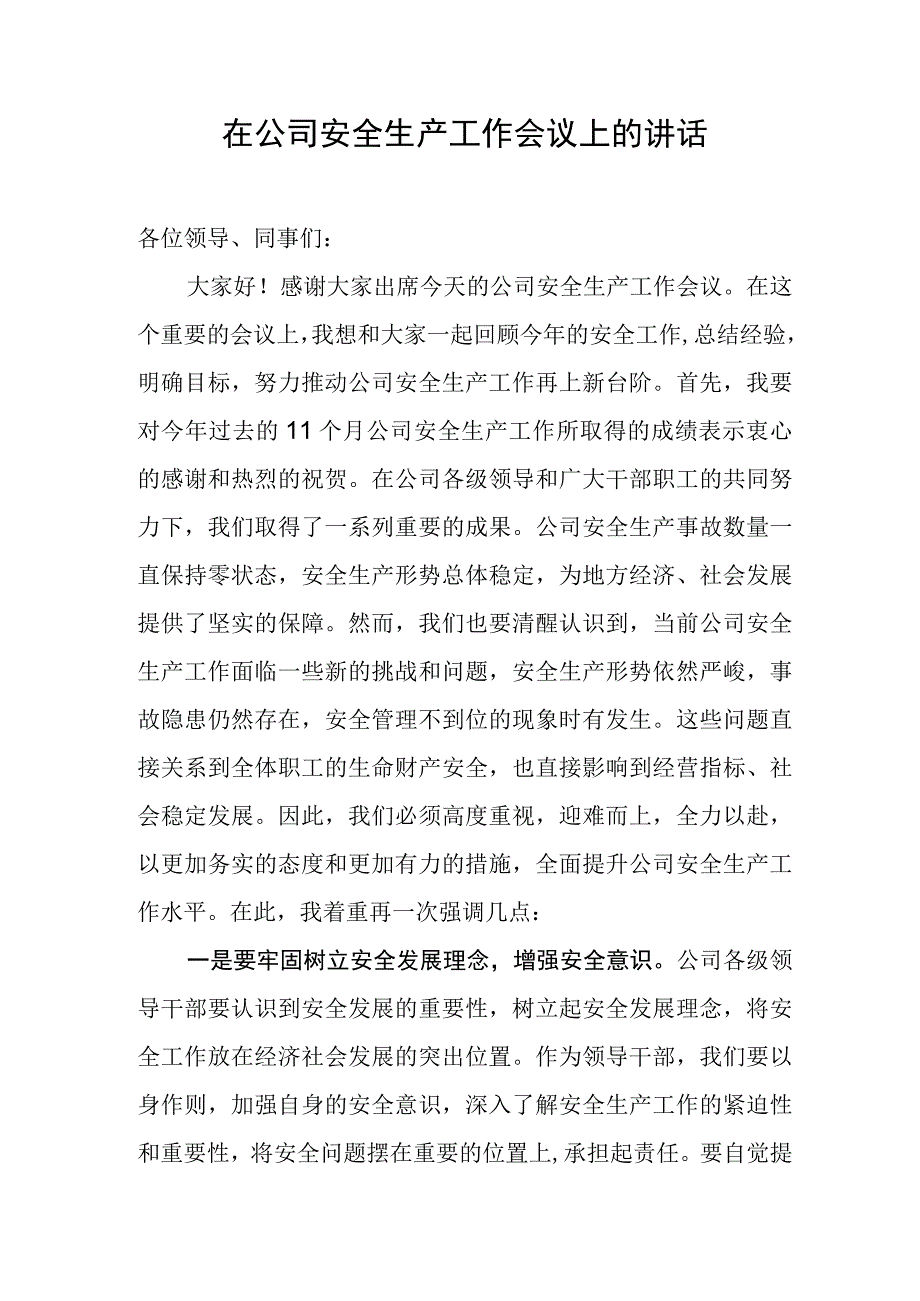 在公司安全生产工作会议上的讲话.docx_第1页