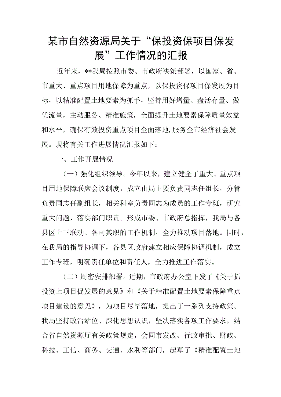 某市自然资源局关于“保投资保项目保发展”工作情况的汇报.docx_第1页