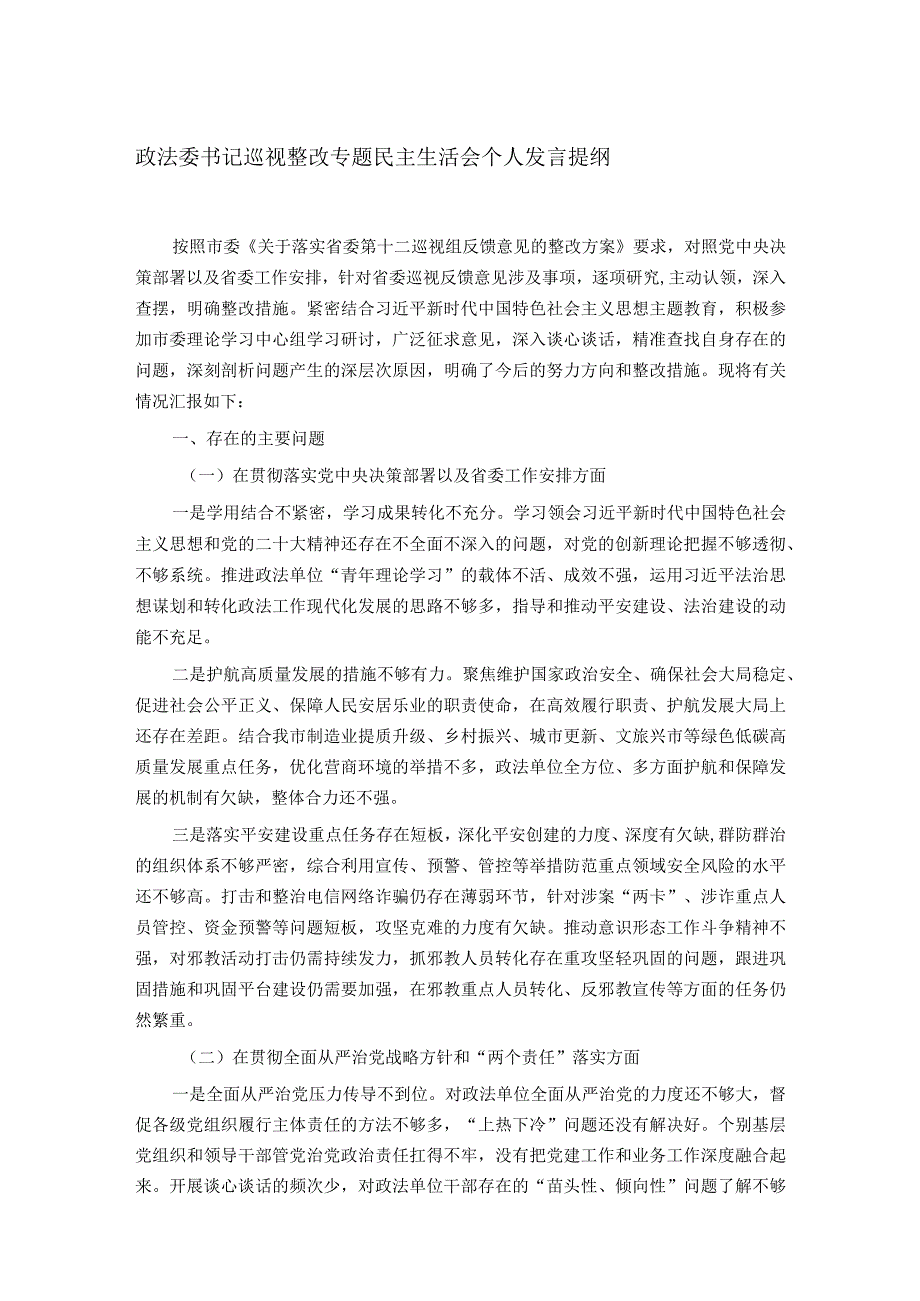 政法委书记巡视整改专题民主生活会个人发言提纲.docx_第1页