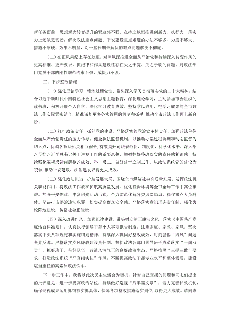 政法委书记巡视整改专题民主生活会个人发言提纲.docx_第3页