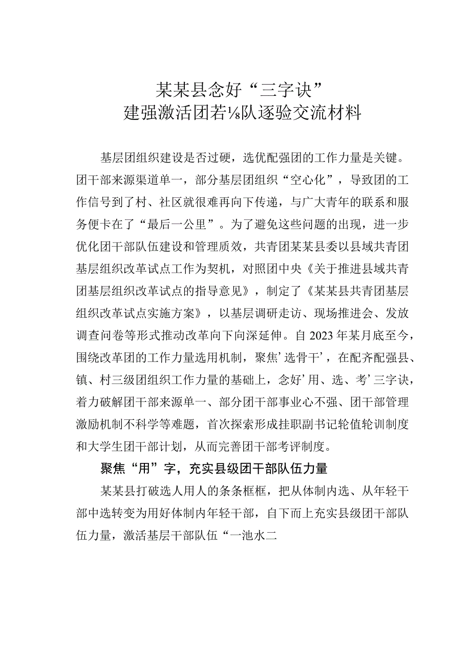 某某县念好“三字诀”建强激活团干部队伍经验交流材料.docx_第1页