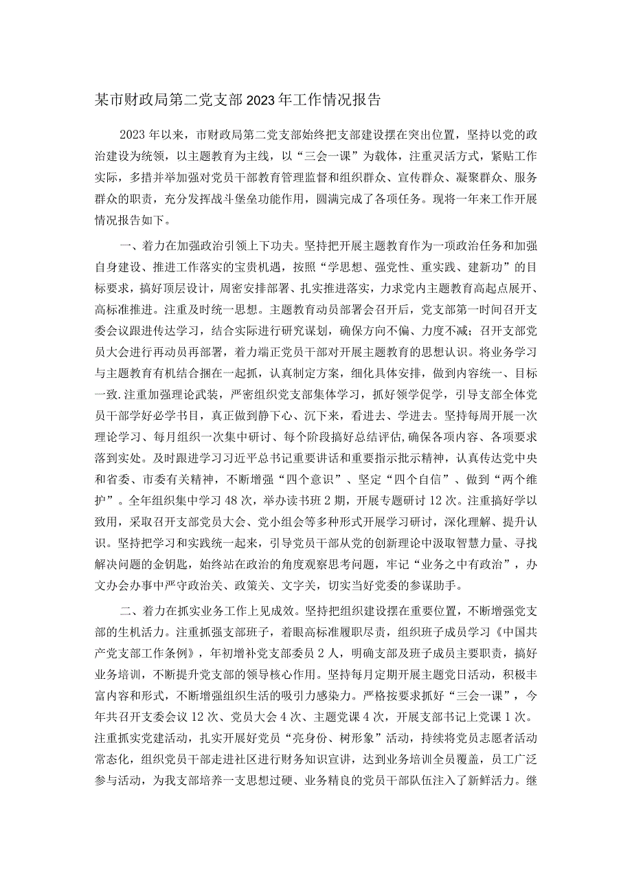 某市财政局第二党支部2023年工作情况报告.docx_第1页