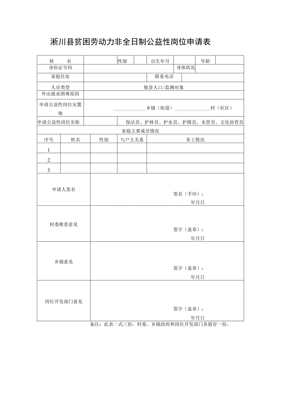 淅川县贫困劳动力非全日制公益性岗位申请表.docx_第1页