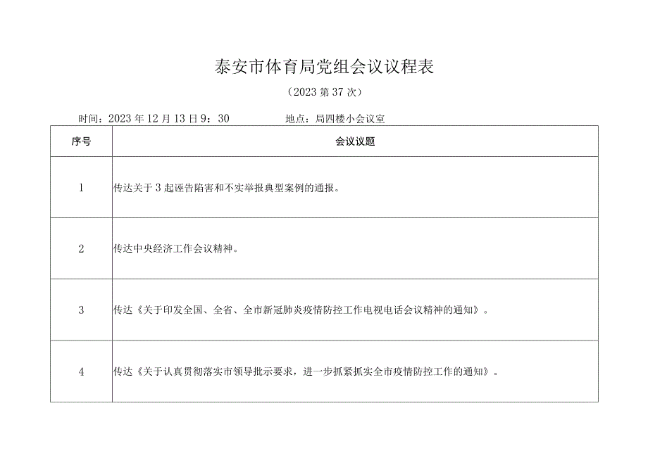 泰安市体育局党组会议议程表.docx_第1页