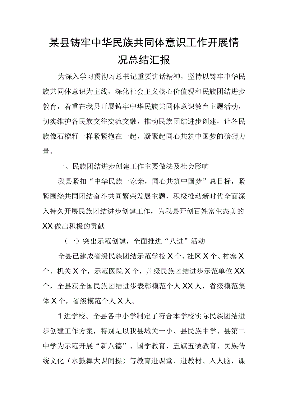 某县铸牢中华民族共同体意识工作开展情况总结汇报.docx_第1页