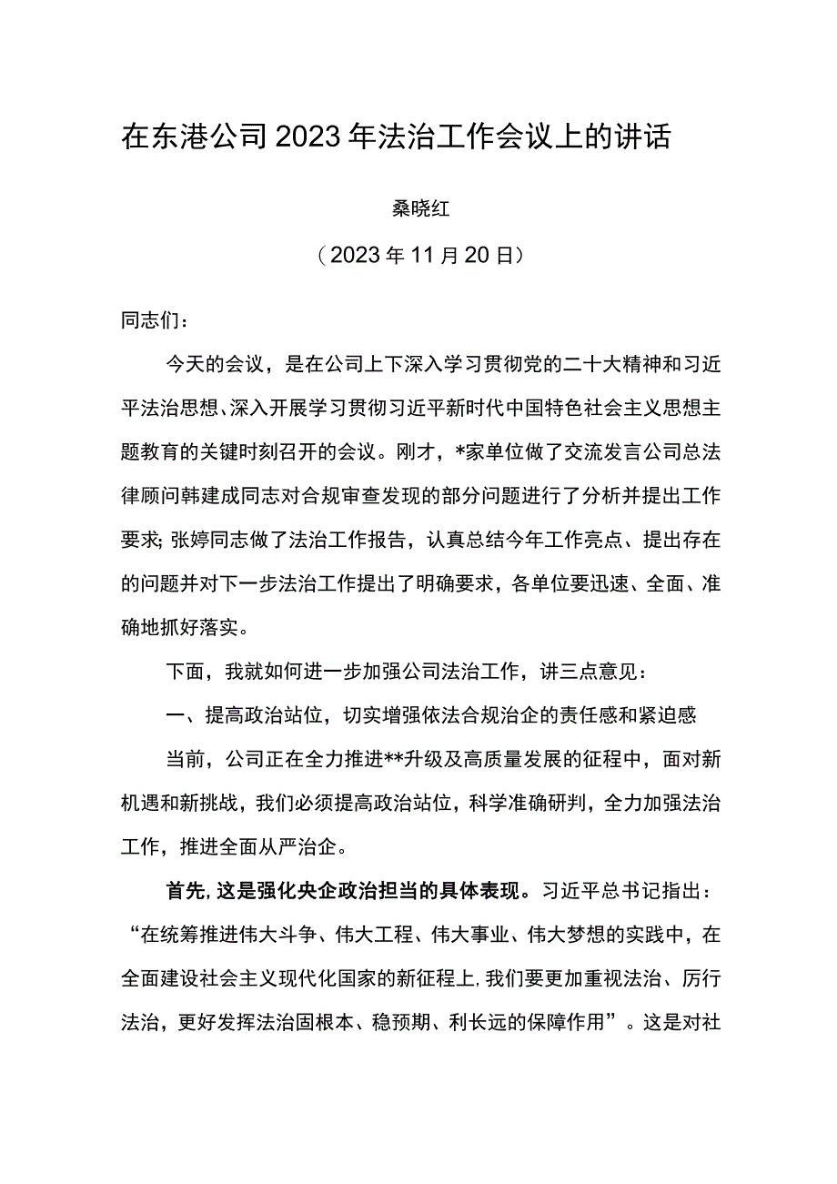 在东港公司2023年法治工作会议上的讲话.docx_第1页