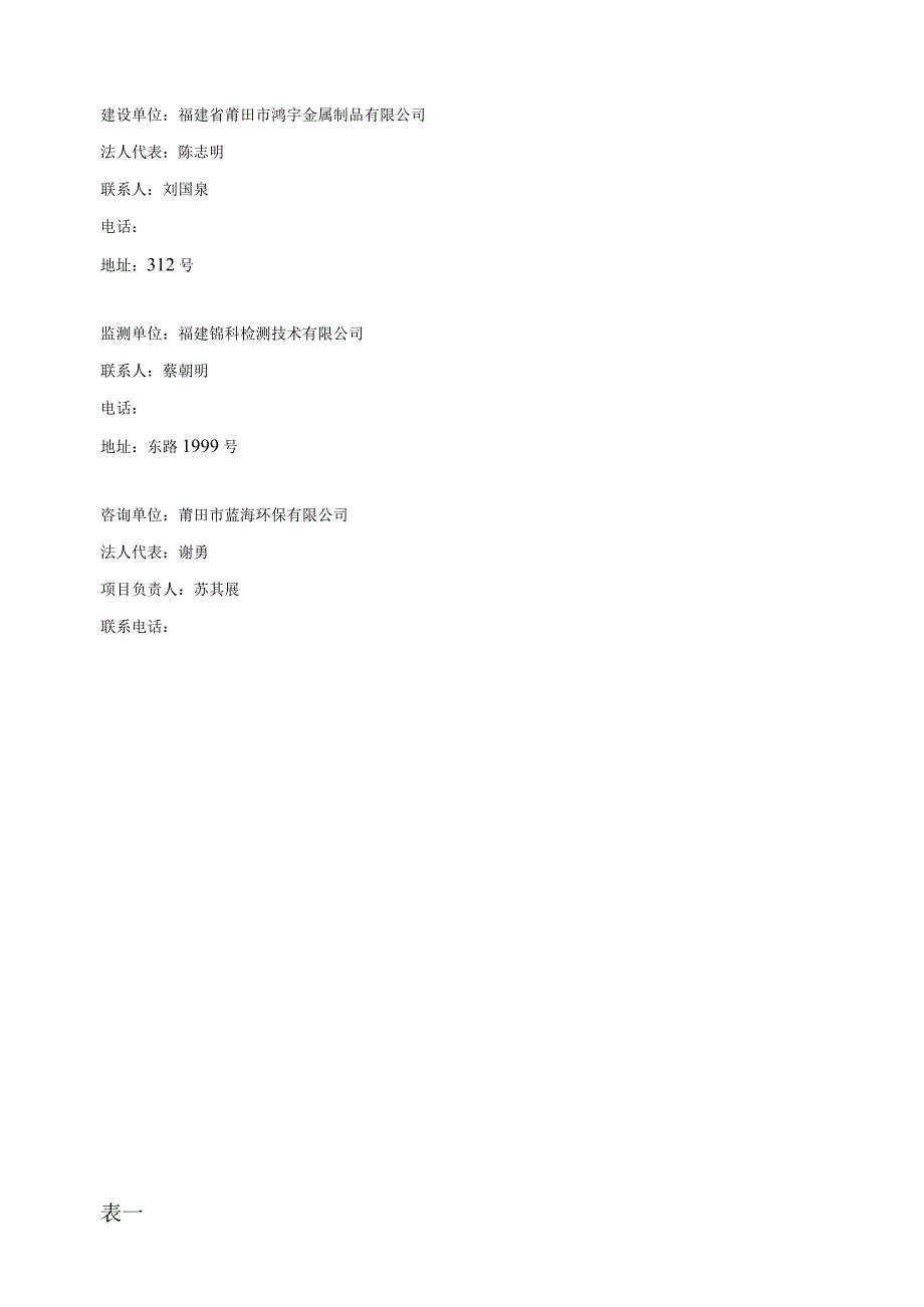 福建省莆田市鸿宇金属制品有限公司矿山机械设备配件生产项目竣工环境保护验收监测报告表.docx_第2页