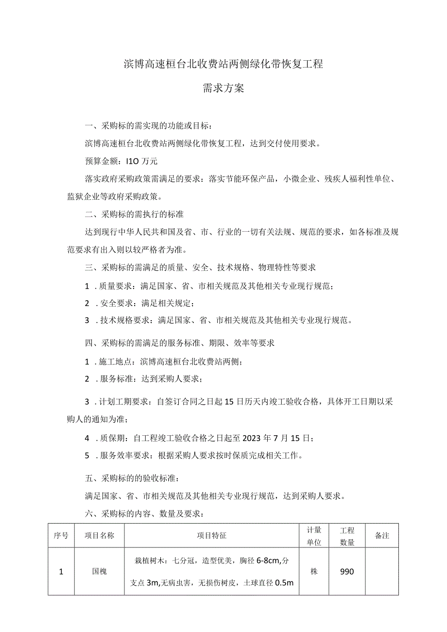 滨博高速桓台北收费站两侧绿化带恢复工程需求方案.docx_第1页