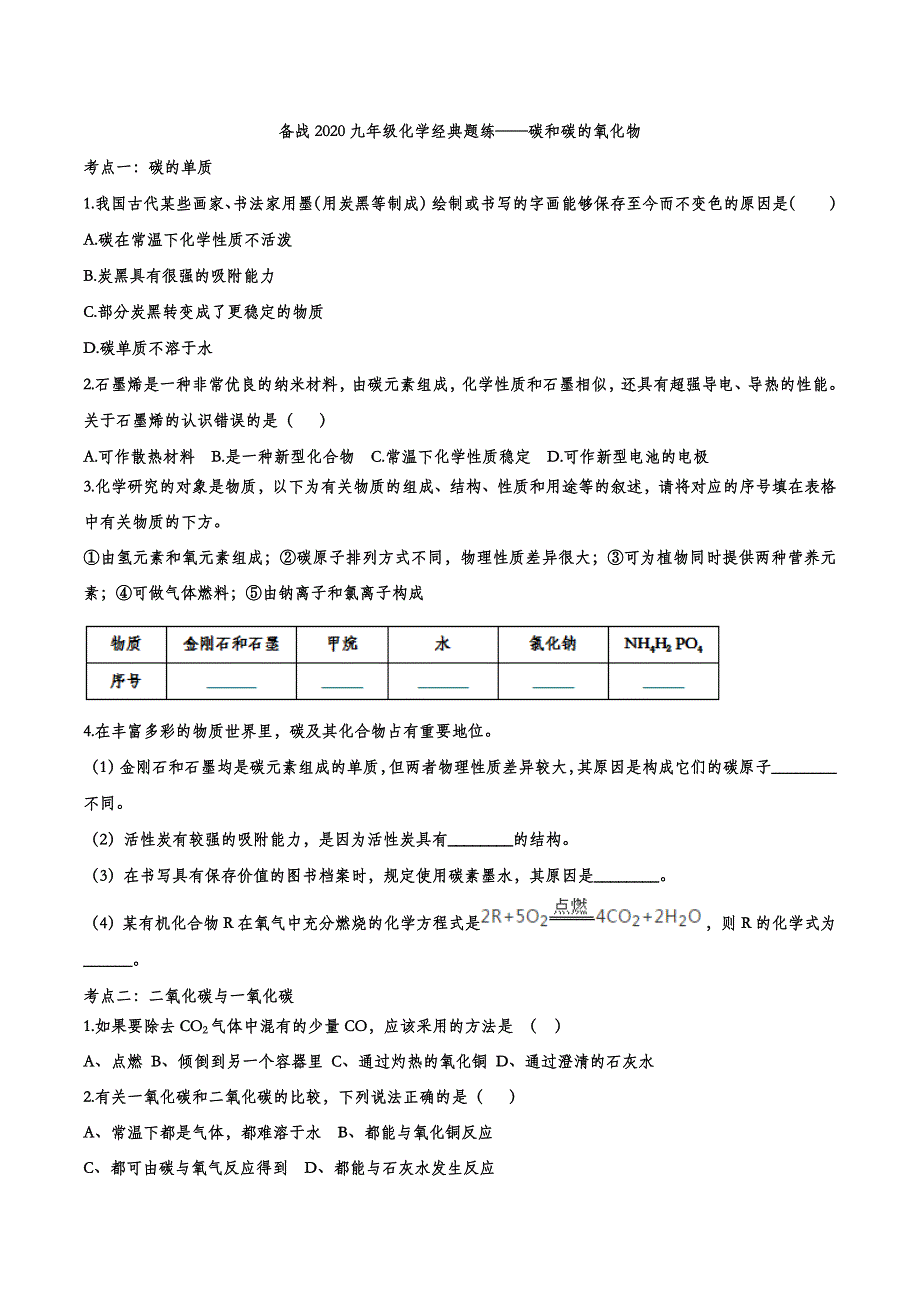 备战2020九年级化学经典题练——碳和碳的氧化物.doc_第1页