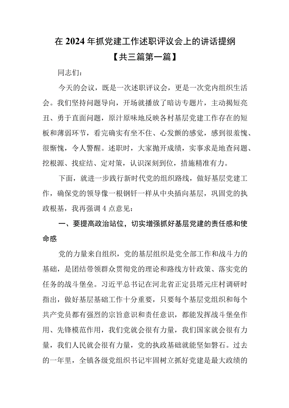 （3篇）在2024年抓党建工作述职评议会上的讲话提纲.docx_第1页