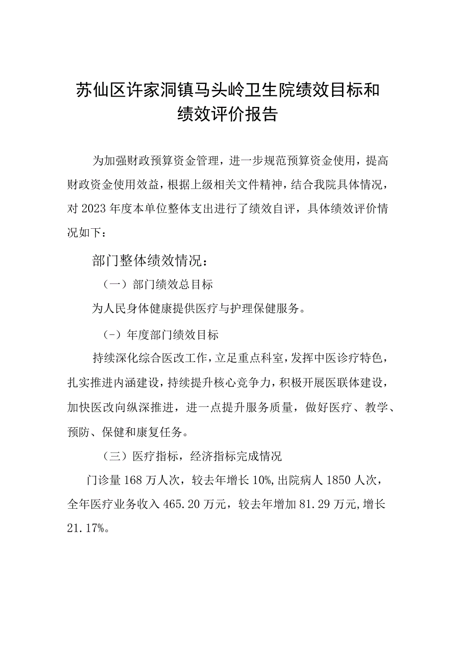 苏仙区许家洞镇马头岭卫生院绩效目标和绩效评价报告.docx_第1页