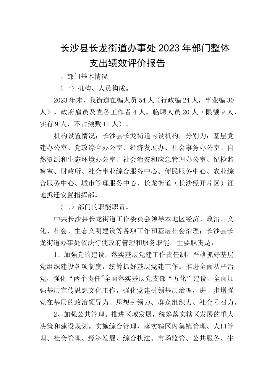 长沙县长龙街道办事处2020年部门整体支出绩效评价报告.docx_第1页