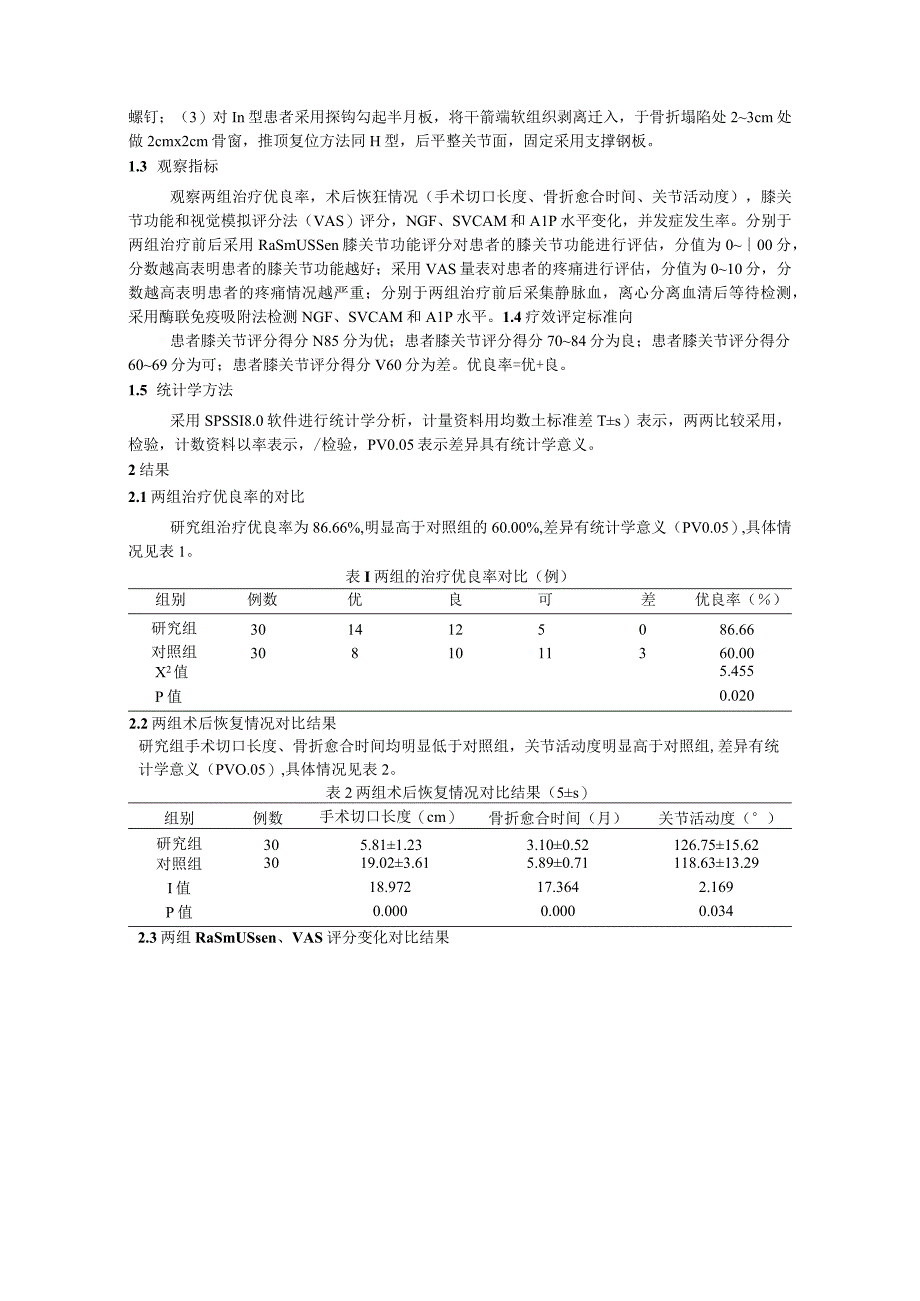 膝关节镜下有限切开骨折复位内固定术治疗胫骨平台骨折的疗效及对血清NGF、sVCAM和ALP水平的影响.docx_第3页