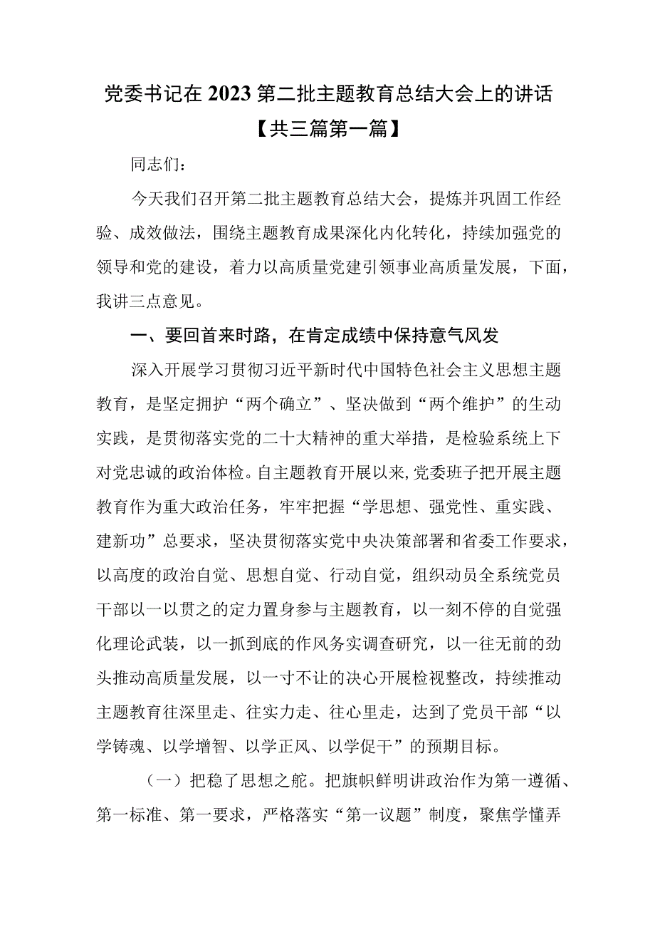 （3篇）党委书记在2023第二批专题教育总结大会上的讲话.docx_第1页