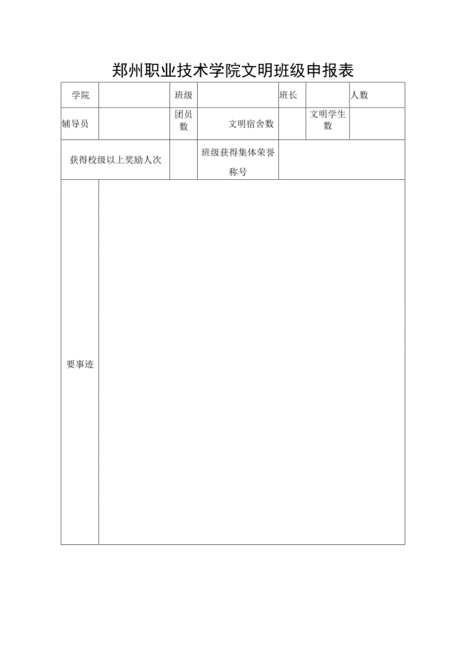 郑州职业技术学院文明班级申报表.docx_第1页