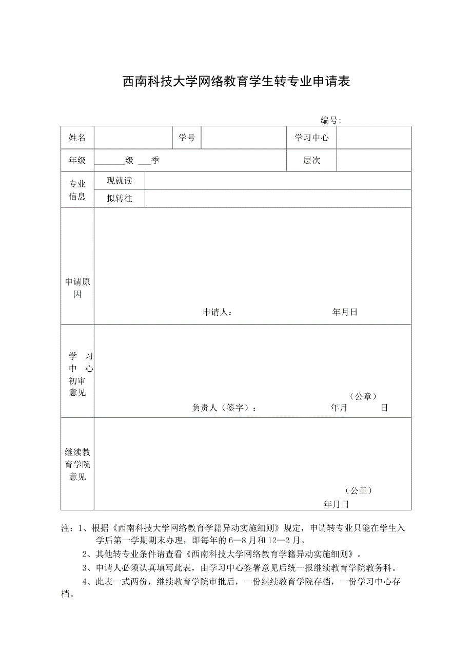 西南科技大学网络教育学生转专业申请表.docx_第1页