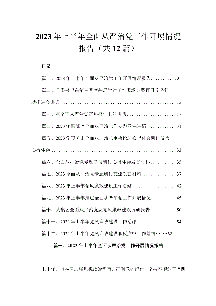 （12篇）2023年上半年全面从严治党工作开展情况报告精选.docx_第1页