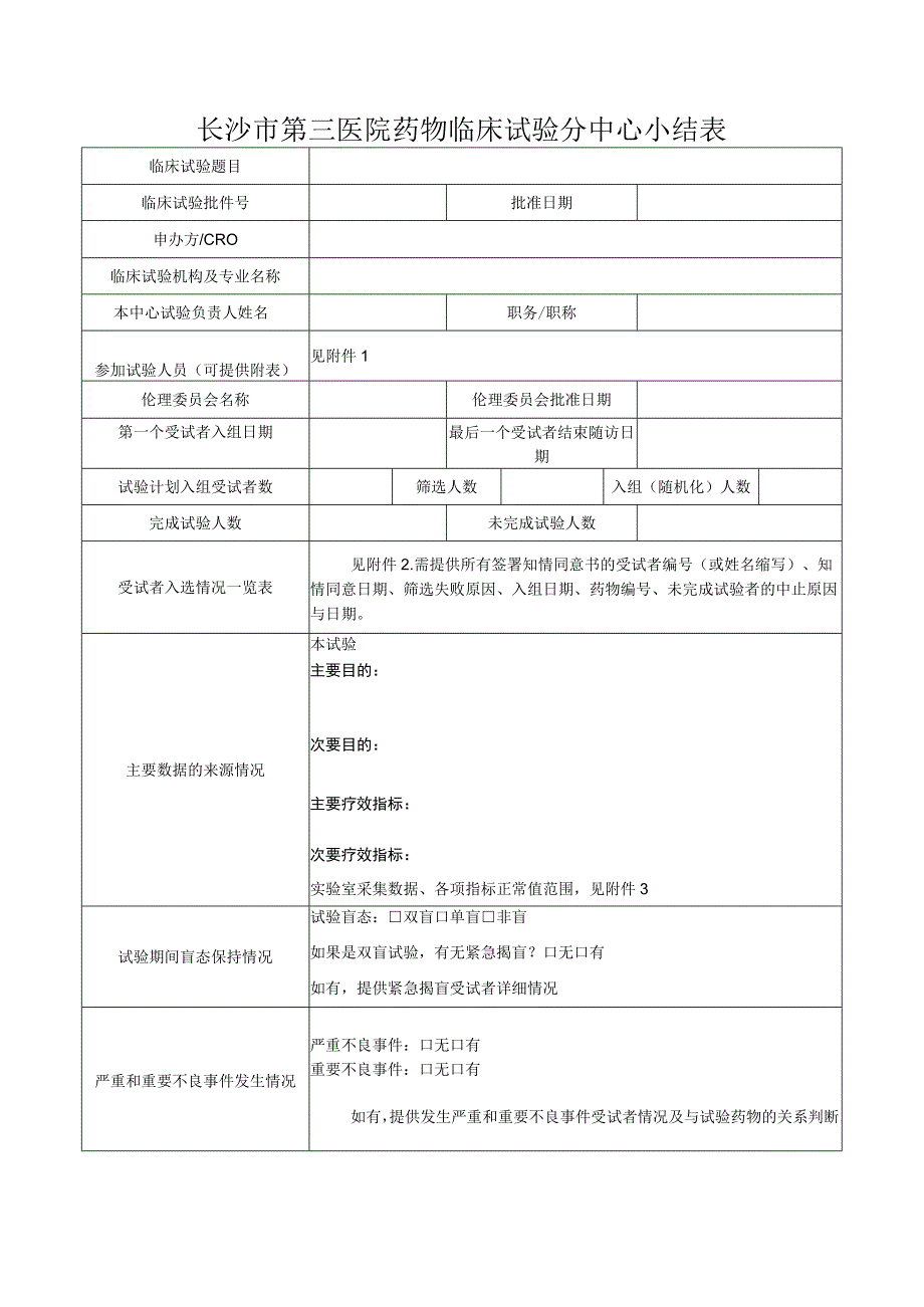 长沙市第三医院药物临床试验分中心小结表.docx_第1页