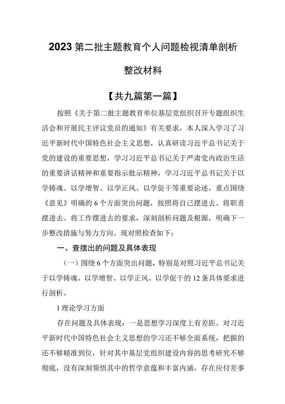 （9篇）2023第二批专题教育个人问题检视清单剖析整改材料.docx_第1页