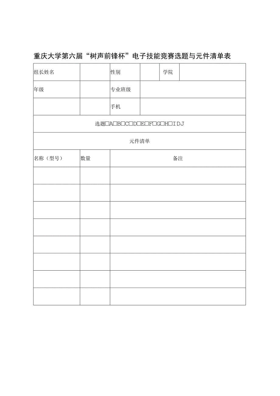 重庆大学第六届“树声前锋杯”电子技能竞赛选题与元件清单表.docx_第1页