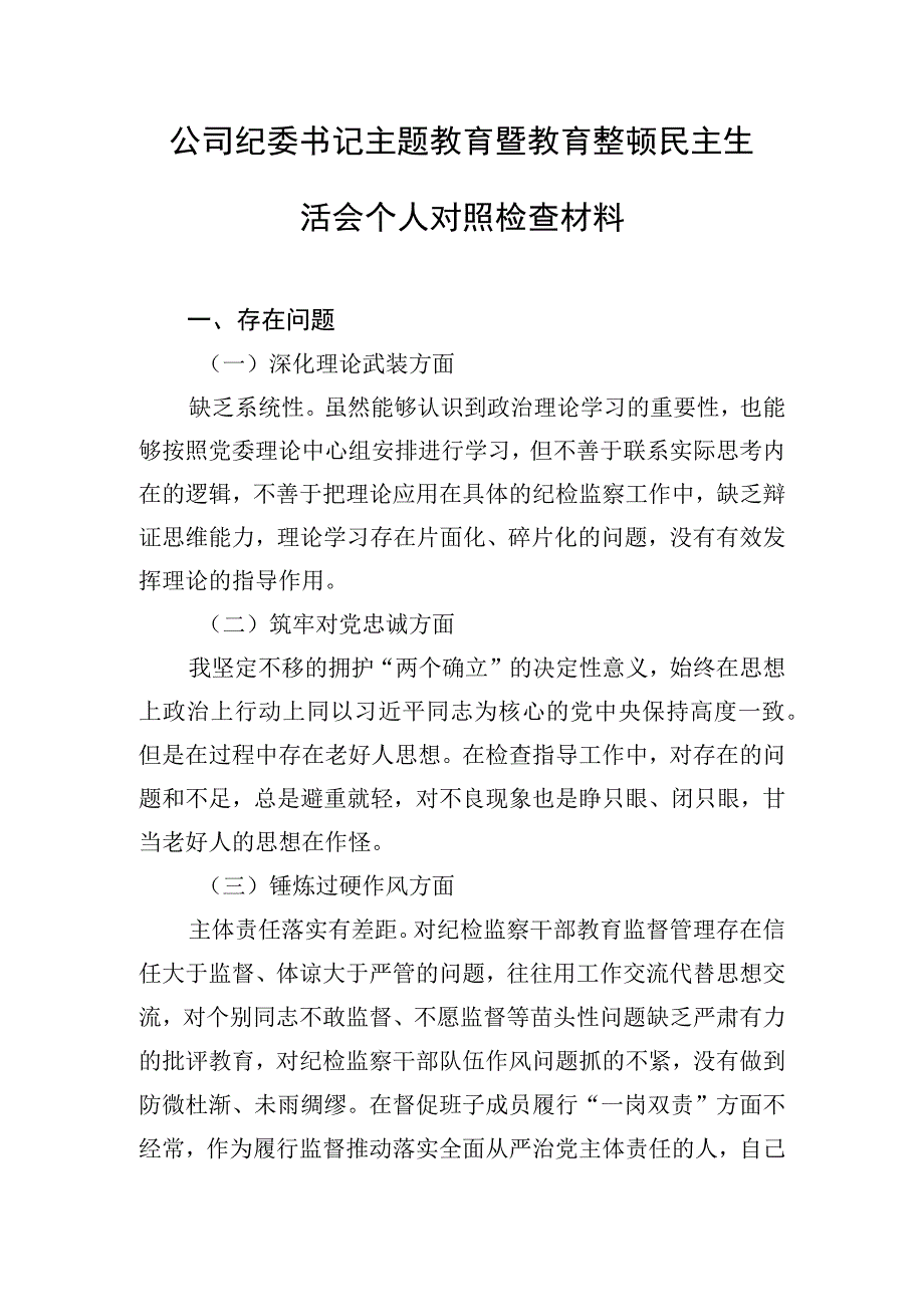 公司纪委书记主题教育暨教育整顿民主生活会个人对照检查材料.docx_第1页