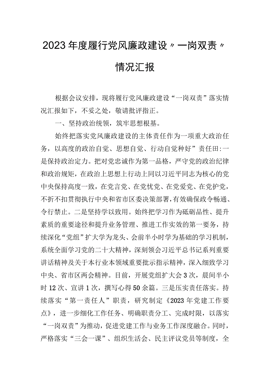 2023年度履行党风廉政建设“一岗双责”情况汇报.docx_第1页