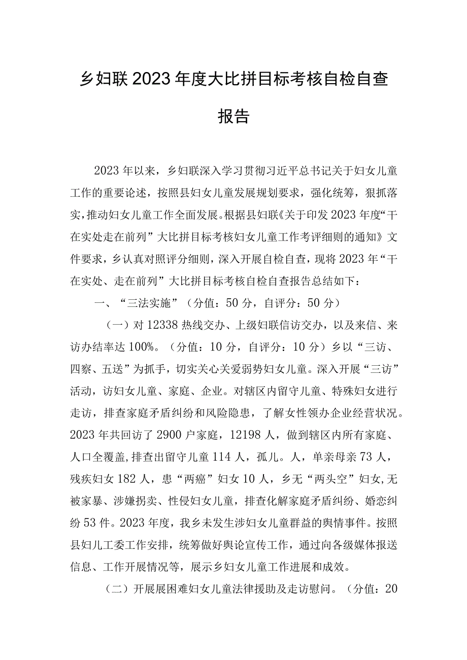 乡妇联2023年度大比拼目标考核自检自查报告.docx_第1页