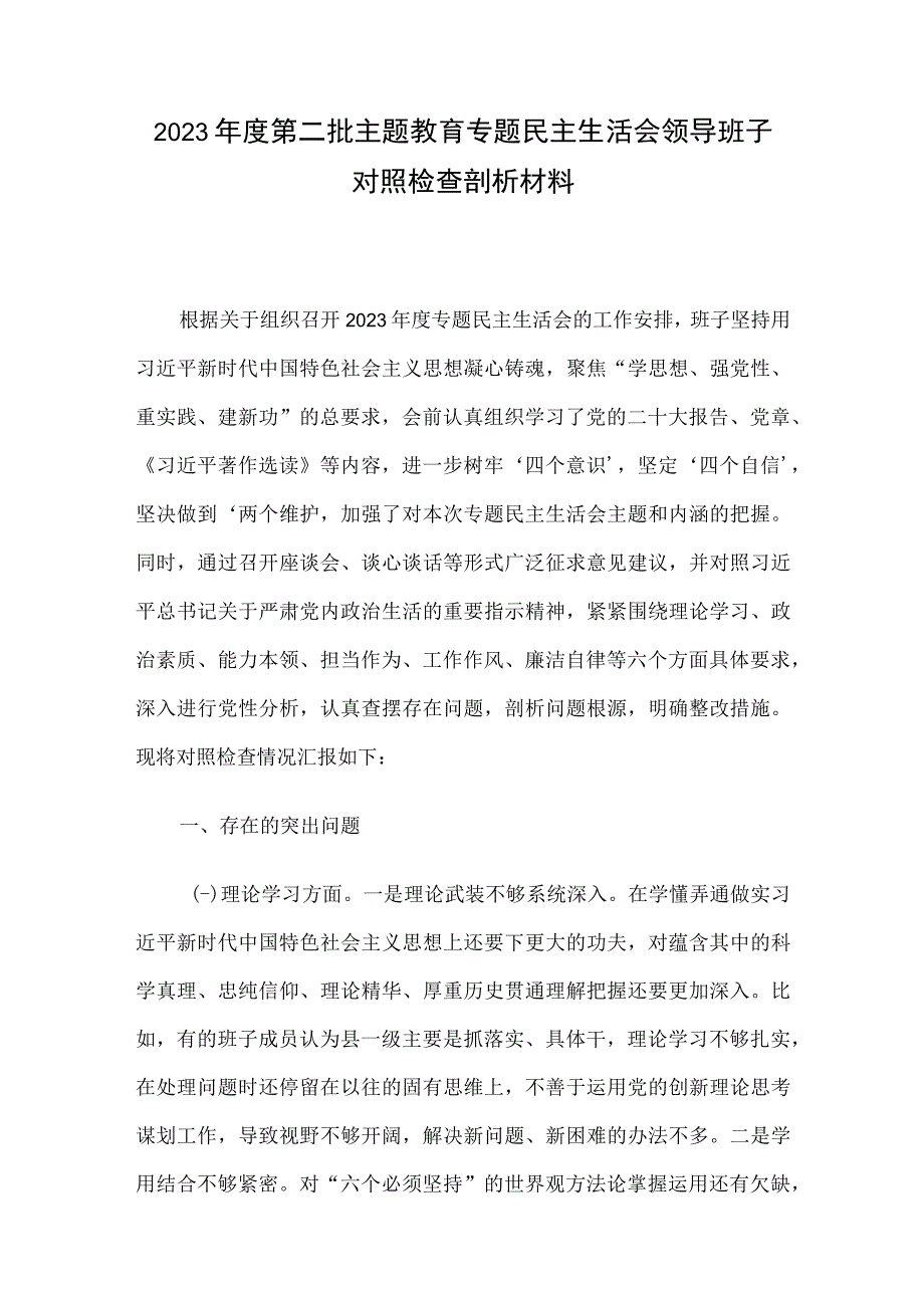 2023年度第二批主题教育专题民主生活会领导班子对照检查剖析材料.docx_第1页