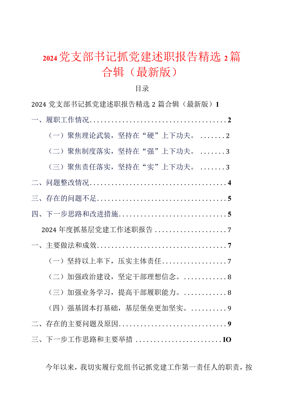 2024党支部书记抓党建述职报告精选2篇合辑.docx_第1页